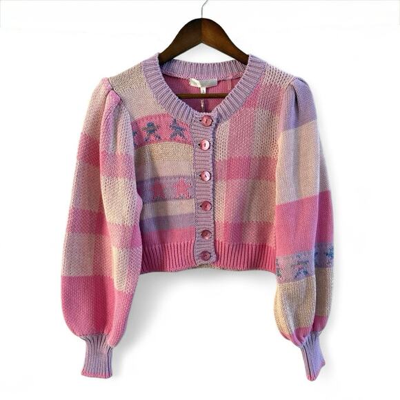 LoveShackFancy NWT Bedford Pink Purple Stripe Cotton Candy Cropped Cardigan M - Picture 2 of 12